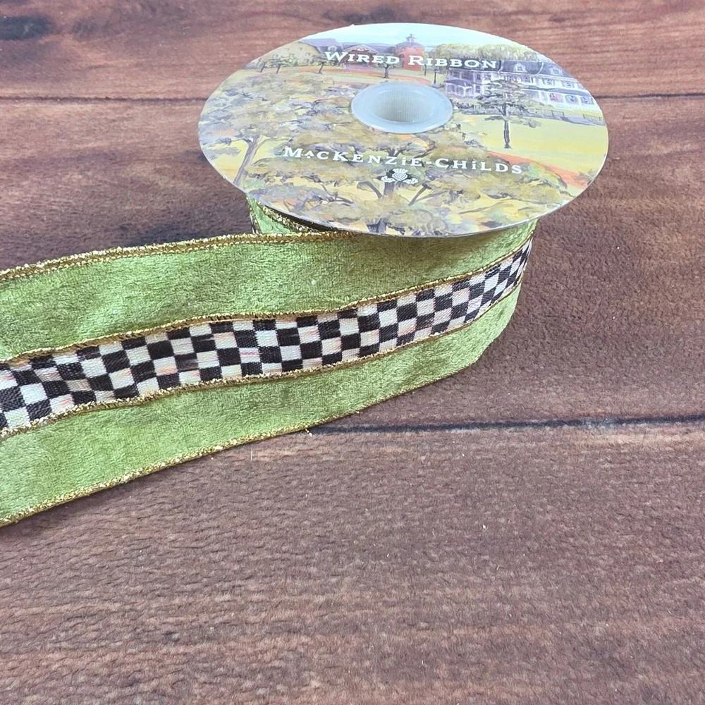 MacKenzie-Childs Wired Ribbon Green Gold Good Courtly Check Velvet 2in Wide